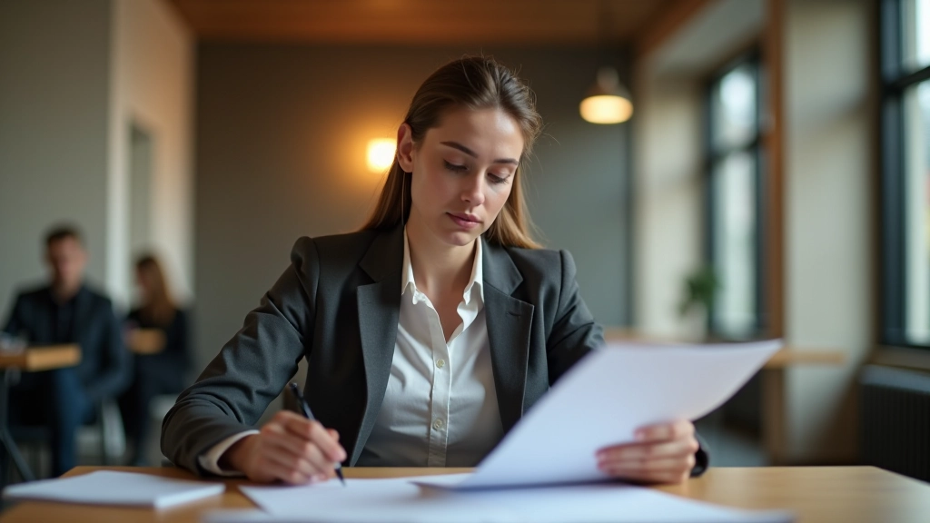 Femme parcourant des documents d'assurance santé à son bureau avec une tasse de café