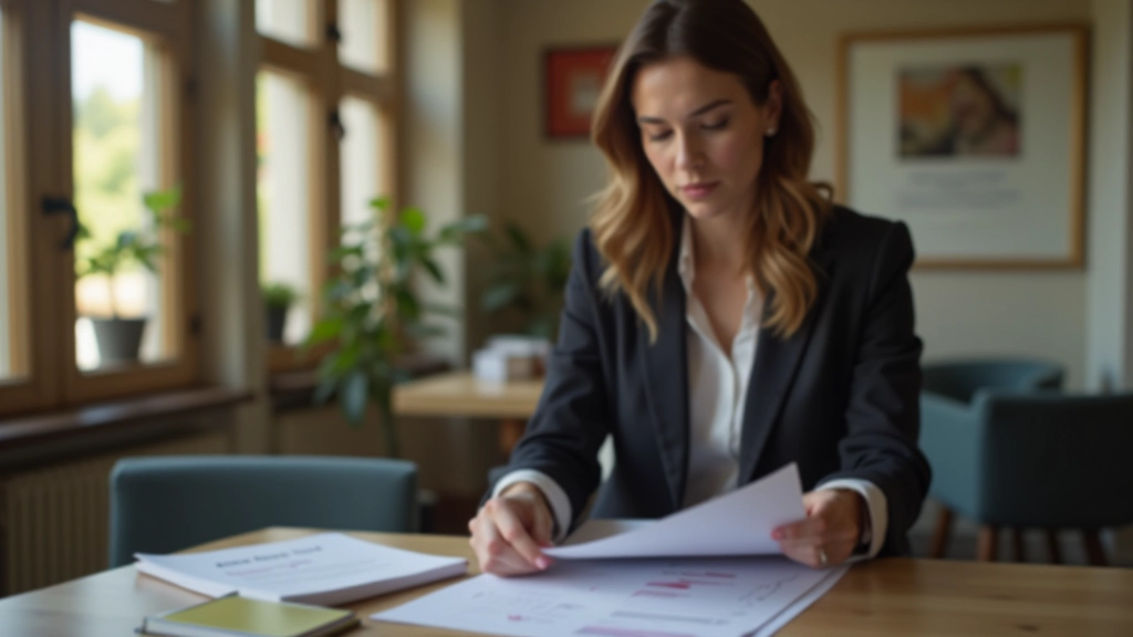 Femme consultant ses documents d'assurance santé à son bureau avec café et ordinateur portable